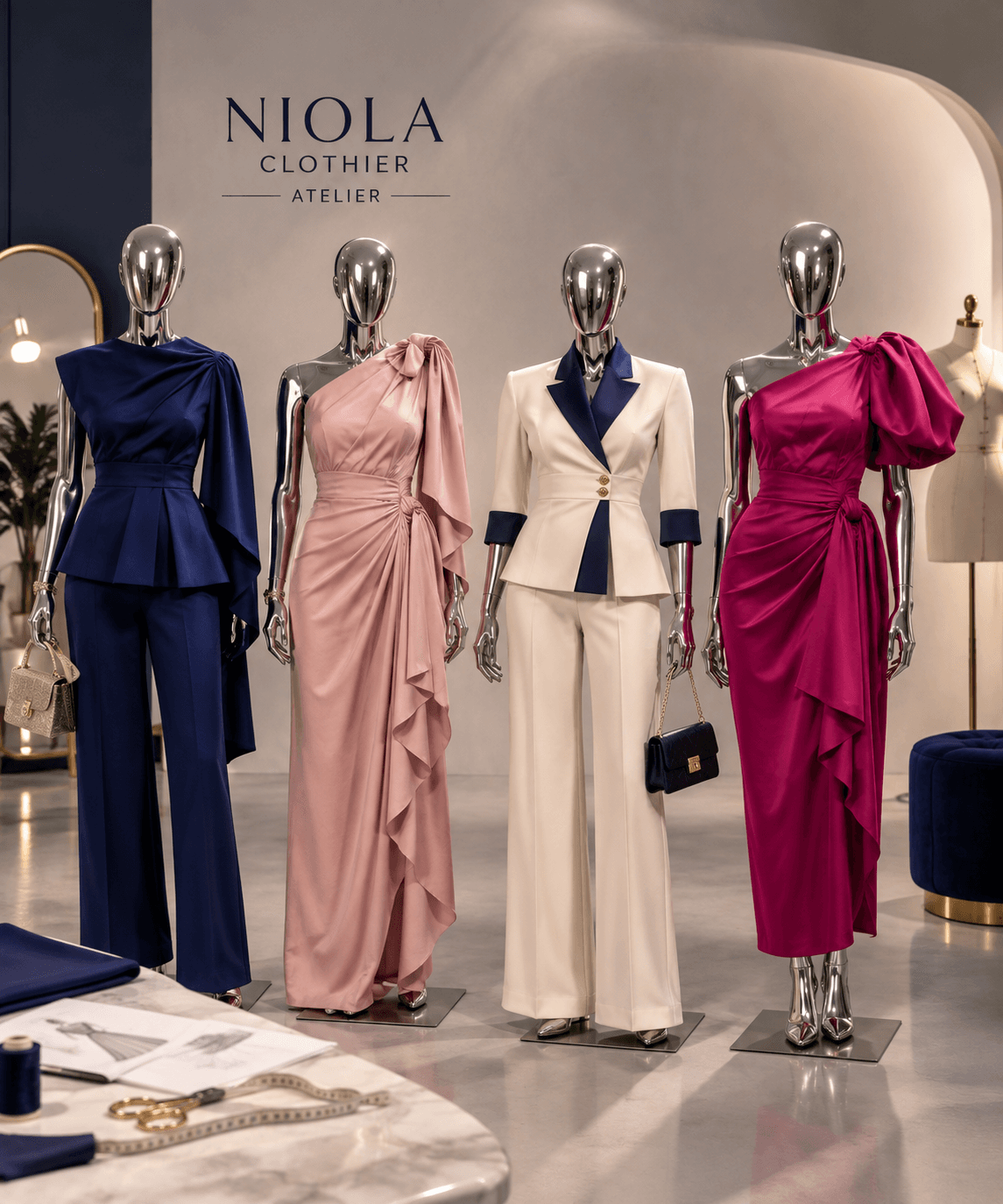 NIOLA designer draping pink fabric by hand in the atelier