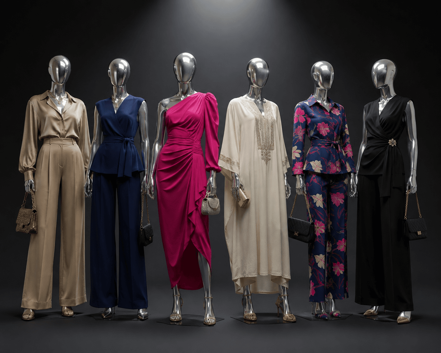 NIOLA CLOTHIER campaign model in a sculptural pink and navy dress